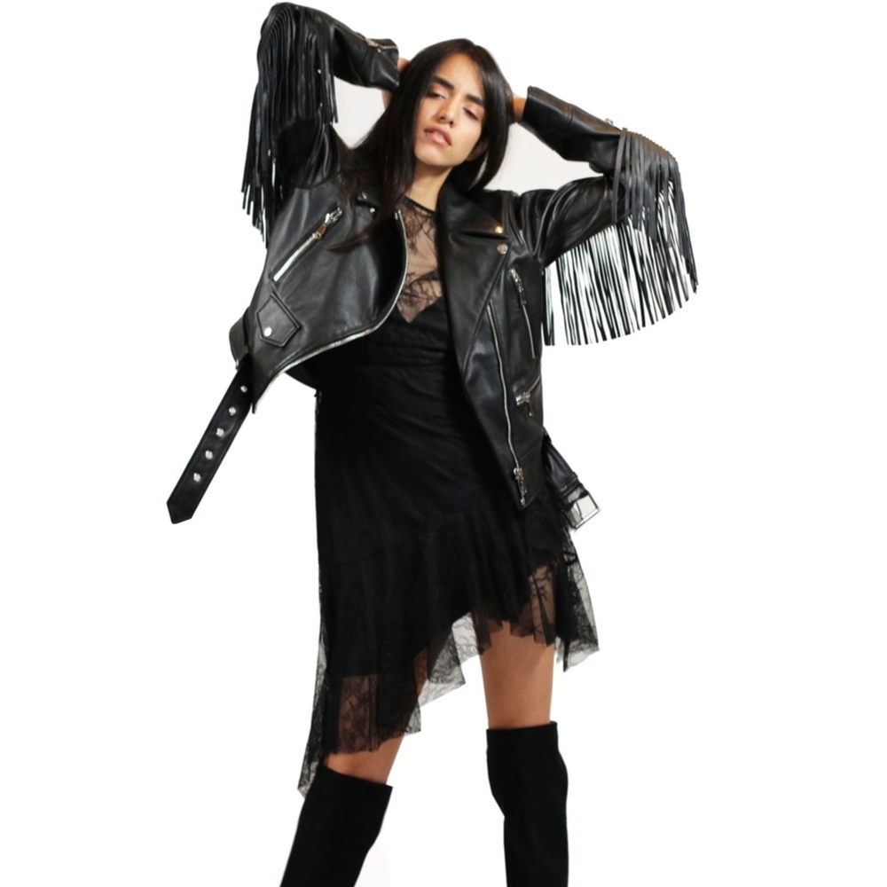 Natural LEATHER JACKET rock/bohemian style women’s black natural fringe jacket